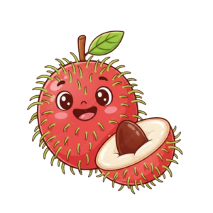 this illustration of cute and healthy red rambutan features a cheerful smiling face and fresh green leaves perfect for fun natural food vector designs เวกเตอร์สต็อก removebg preview